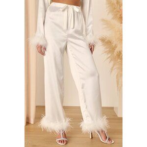 Lulus Dreamiest Delight White Satin Feather Pajama Pants Sz XS Womens White